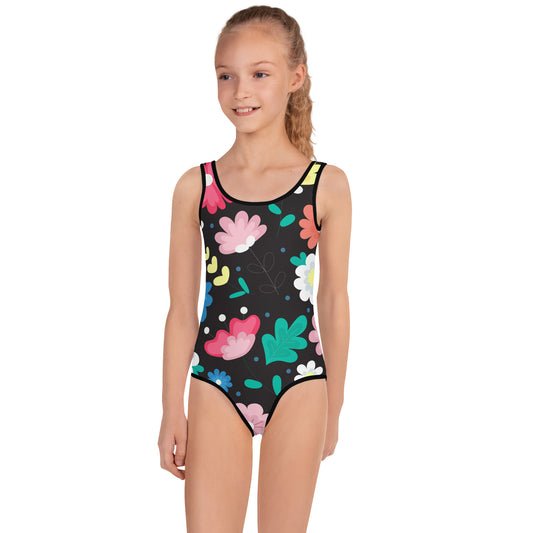 Black Floral Pattern All-Over Print Kids Swimsuit