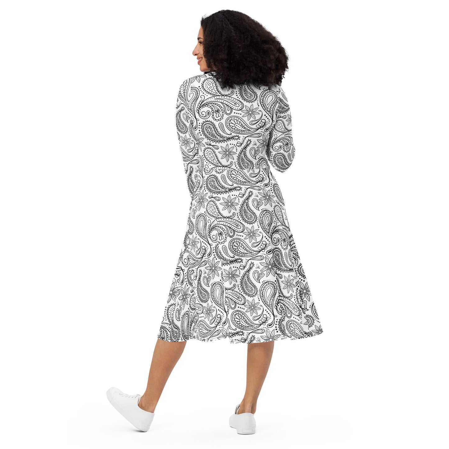 Black and White Mandala Pattern All-over print long sleeve midi dress