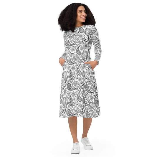 Black and White Mandala Pattern All-over print long sleeve midi dress