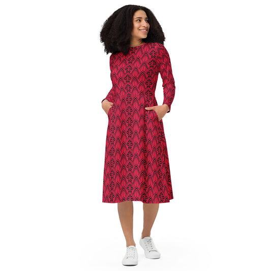 Red Geometric Pattern All-over print long sleeve midi dress