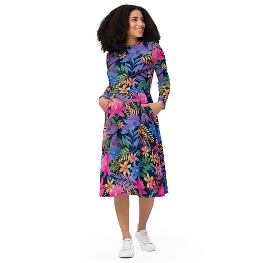 Blue Floral Pattern All-over print long sleeve midi dress