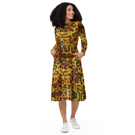Leopard Pattern All-over print long sleeve midi dress