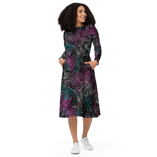 Floral Pattern All-over print long sleeve midi dress