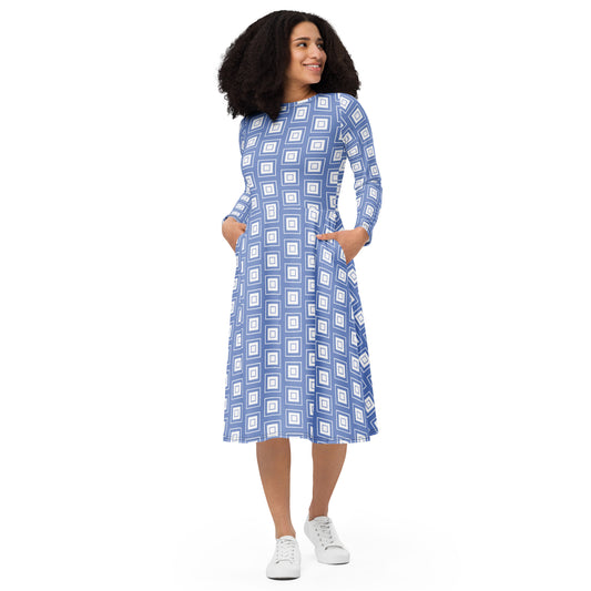 Blue Square Pattern All-over print long sleeve midi dress