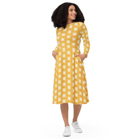 Yellow Square Pattern All-over print long sleeve midi dress