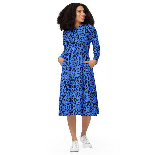 Blue Leopard Pattern All-over print long sleeve midi dress