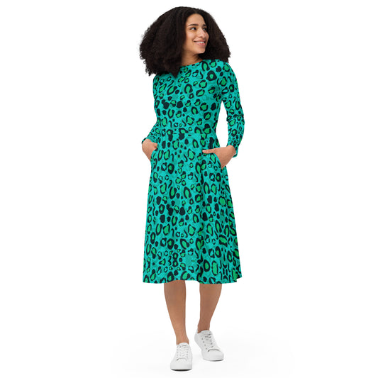 Teal Leopard Pattern All-over print long sleeve midi dress