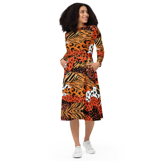 Multi pattern leopard print All-over print long sleeve midi dress