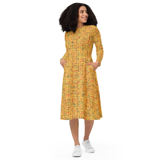 Yellow Abstract Pattern All-over print long sleeve midi dress