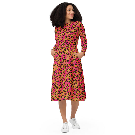 Pink Leopard Pattern All-over print long sleeve midi dress
