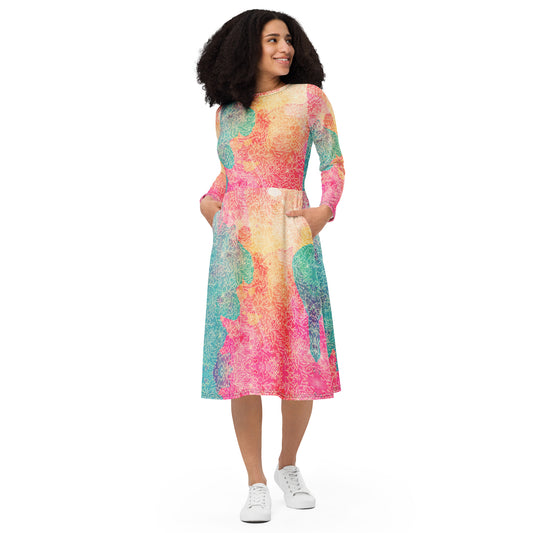 Colorful Mandala Pattern All-over print long sleeve midi dress
