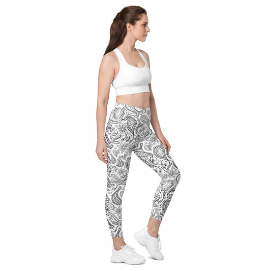 Black And White Mandala Pattern Crossover leggings with pockets