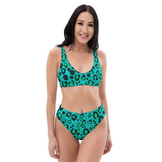 Teal Leopard Pattern Recycled high-waisted bikini