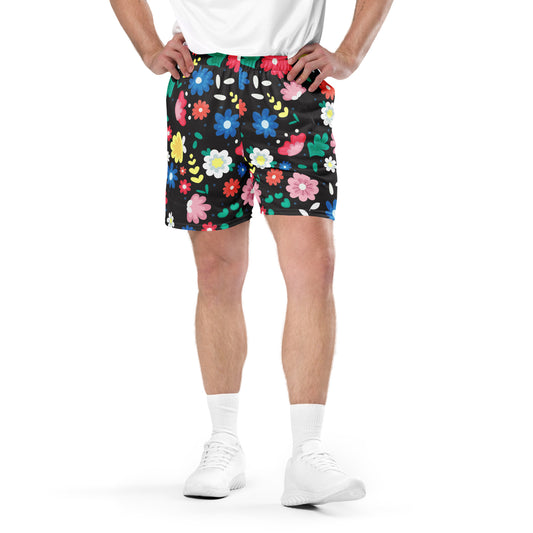 Black Floral Pattern Unisex mesh shorts