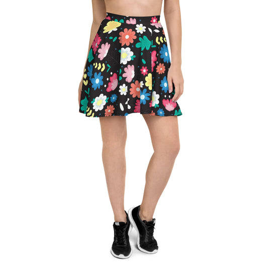 Black Floral Pattern Skater Skirt