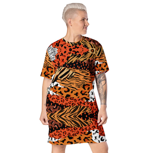 Multi Pattern Leopard Print T-shirt dress