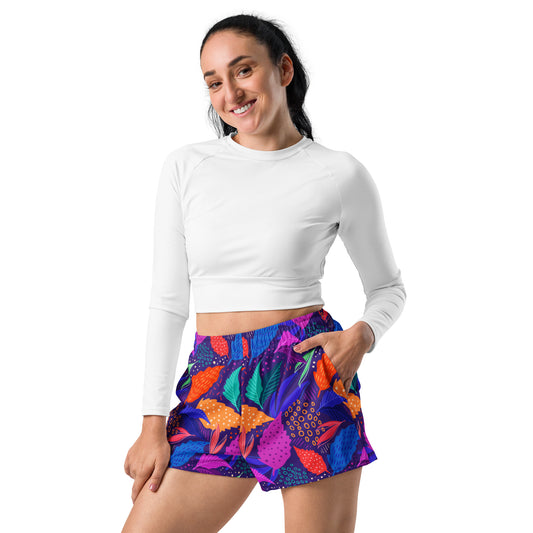 Blue Leaf Floral Pattern Women’s Recycled Athletic Shorts