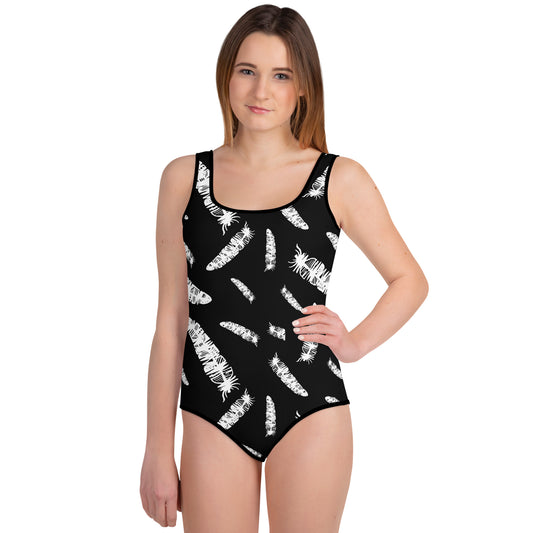 White Feather Pattern All-Over Print Youth Swimsuit
