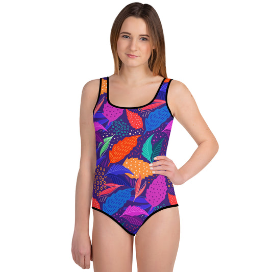 Blue leaf flower Pattern All-Over Print Youth Swimsuit