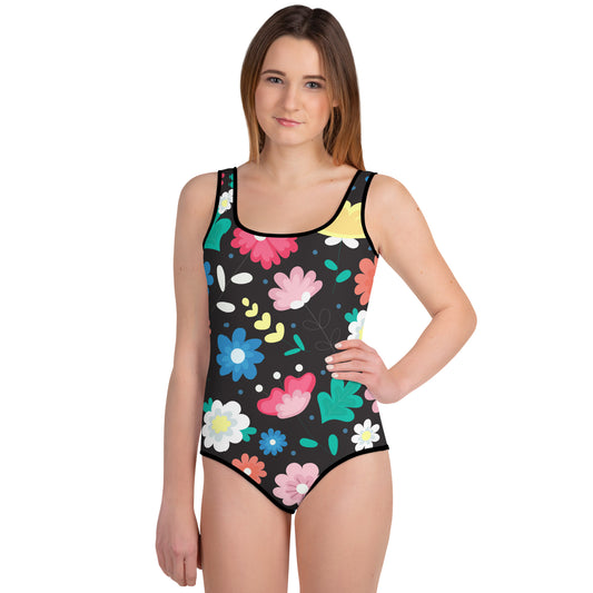 Black Floral Pattern All-Over Print Youth Swimsuit